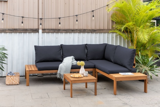 BRAND NEW ORIGINAL PACKAGING OUTDOOR SOLID TEAK WOOD FINISH SEATING SET WITH BLACK CUSHIONS