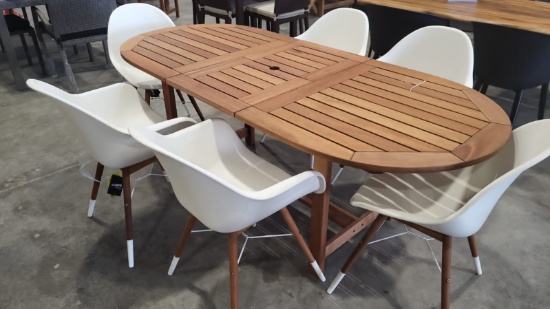 BRAND NEW ORIGINAL PACKAGING 83" EXTENDABLE OUTDOOR SOLID WOOD DINING TABLE WITH 6 RECYCLED RESIN WH
