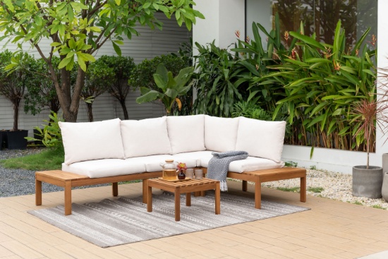 BRAND NEW ORIGINAL PACKAGING OUTDOOR 100% FSC SOLID TEAK WOOD FINISH SEATING SET WITH WHITE CUSHIONS