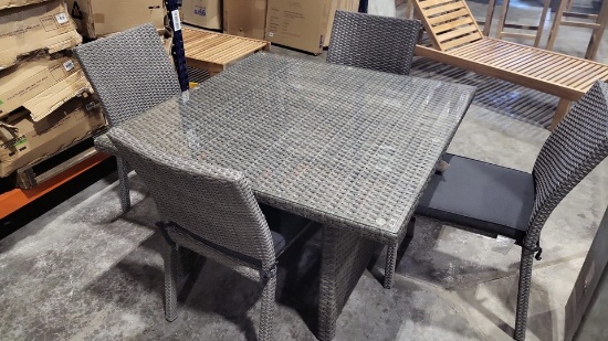 BRAND NEW ORIGINAL PACKAGING OUTDOOR GLASS TOP TABLE 47" SQUARE BY 26" HEIGHT WITH 4 STACKING CHAIRS