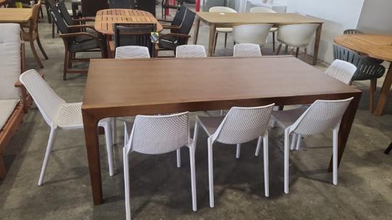 BRAND NEW ORIGINAL PACKAGING INDOOR TABLE 79" X 40" SOLID WOOD TABLE WITH 8  RECYCLED RESIN WHITE CH