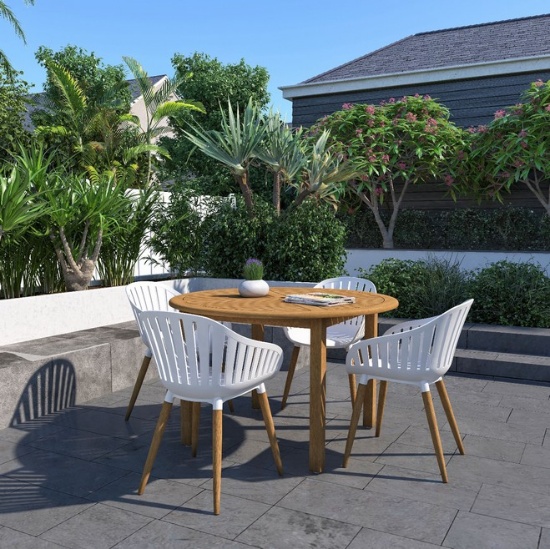 BRAND NEW ORIGINAL PACKAGING OUTDOOR 47" ROUND TABLE WOOD IN TEAK FINISH WITH 4 WHITE CHAIRS