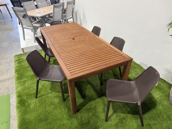 BRAND NEW ORIGINAL PACKAGING 88" SOLID EUCALYPTUS WOODEN TABLE + 8 RECYCLED STACKABLE  BROWN CHAIRS