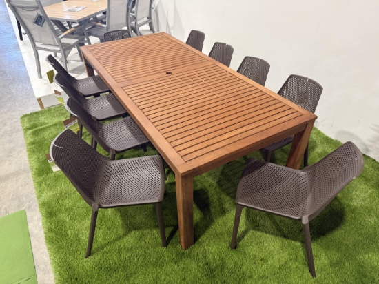BRAND NEW ORIGINAL PACKAGING 88" SOLID EUCALYPTUS WOODEN TABLE + 8 RECYCLED STACKABLE  BROWN CHAIRS