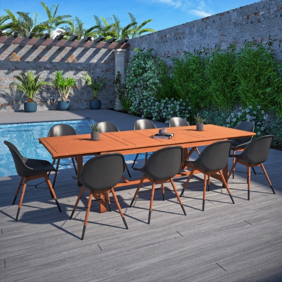 BRAND NEW ORIGINAL PACKAGING 118" EXTENDABLE SOLID WOOD TABLE + 10 RECYCLED RESIN BLACK CHAIRS