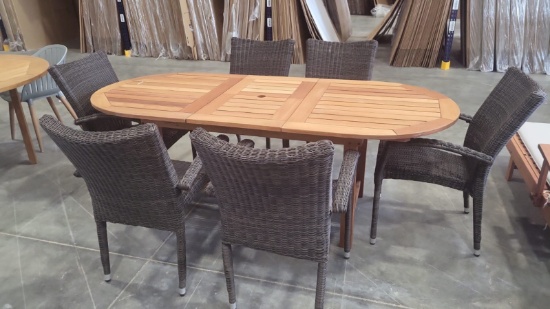 BRAND NEW ORIGINAL PACKAGING 83" EXTENDABLE OUTDOOR  SOLID WOOD TABLE + 6 STACKING CHAIRS WICKER & A