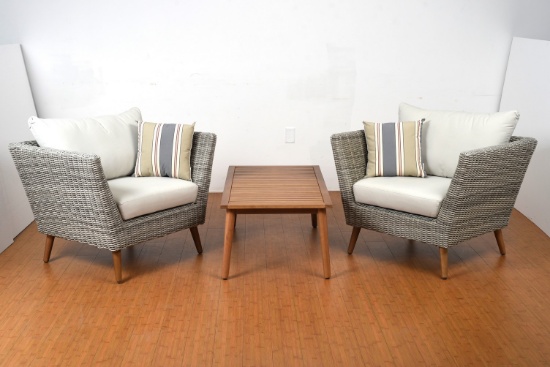 BRAND NEW ORIGINAL PACKAGING OUTDOOR 2 SOFA CHAIRS + COFFEE TABLE SOLID WOOD
