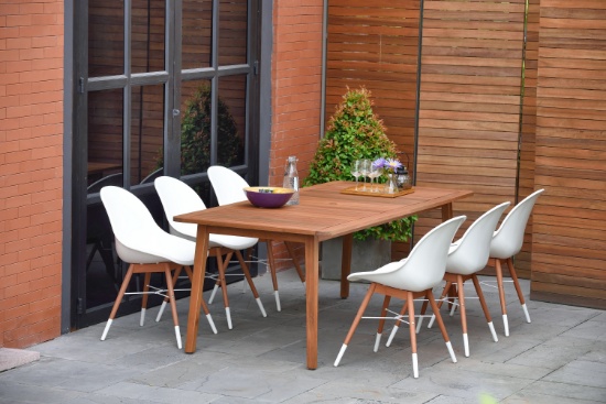 BRAND NEW ORIGINAL PACKAGING OUTDOOR SOLID WOOD  TABLE 85" X 37" WITH 6 RECYCLED RESIN WHITE CHAIRS
