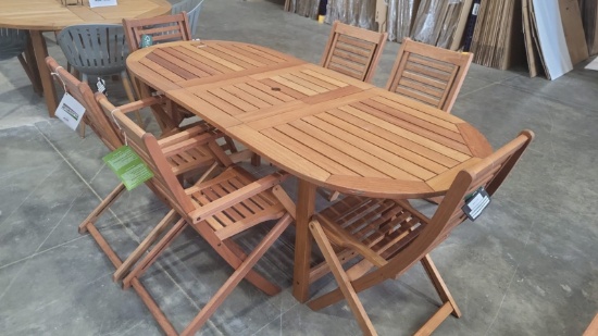 BRAND NEW ORIGINAL PACKAGING 83" EXTENDABLE OUTDOOR TABLE + 6 FOLDING CHAIRS - SOLID WOOD