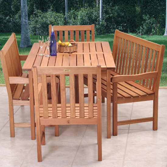 BRAND NEW ORIGINAL PACKAGING 59" BY 35" OUTDOOR TABLE + 2 BENCHES + 2 CHAIRS - SOLID WOOD