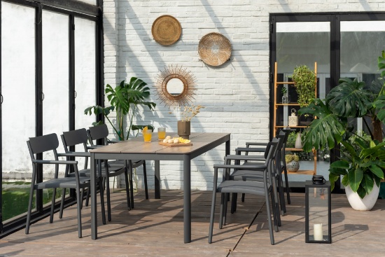 BRAND NEW ORIGINAL PACKAGING 81" BY 35" OUTDOOR ALUMINUM TABLE WITH 6 STACKING ALUMINUM CHAIRS