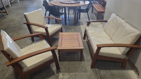 BRAND NEW ORIGINAL PACKAGING OUTDOOR 4-PIECE CONVERSATION SET WITH WHITE CUSHIONS - SOLID WOOD