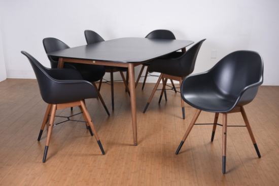 BRAND NEW ORIGINAL PACKAGING SOLID WOOD AND RESIN TOP TABLE 76" X 42" WITH 6 RECYCLED RESIN CHAIRS B