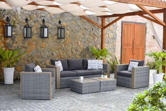 BRAND NEW OUTDOOR 5-PERSON GREY SYNTHETIC WICKER SOFA CONVERSATION SET WITH ALUMINUM FRAMES