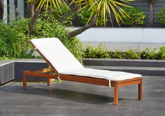 BRAND NEW ORIGINAL PACKAGING OUTDOOR SOLID WOOD CHAISE LOUNGER WITH WHITE CUSHIONS