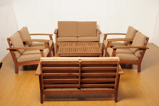 BRAND NEW ORIGINAL PACKAGING OUTDOOR 4-PIECE CONVERSATION SET WITH KHAKI CUSHIONS - SOLID WOOD