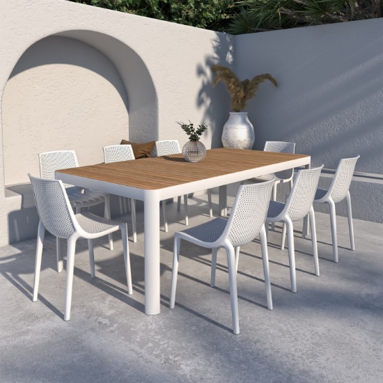 BRAND NEW ORIGINAL PACKAGING WHITE ALUMINUM TABLE 82" BY 38" WITH 8 RECYCLED RESIN STACKING CHAIRS