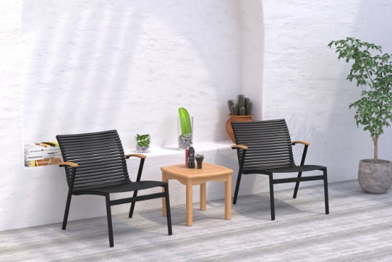 BRAND NEW ORIGINAL PACKAGING OUTDOOR 2 ALUMINUM SOFA CHAIRS WITH TEAK SIDE TABLE