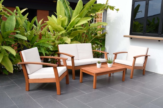 BRAND NEW ORIGINAL PACKAGING OUTDOOR 4-PIECE CONVERSATION SET WITH WHITE CUSHIONS - SOLID WOOD