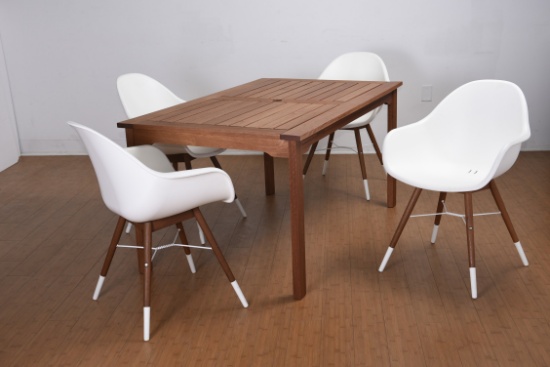 BRAND NEW ORIGINAL PACKAGING OUTDOOR 59" BY 35" TABLE  WITH 4 WHITE RECYCLED RESIN CHAIRS - SOLID WO