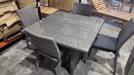 BRAND NEW ORIGINAL PACKAGING OUTDOOR GLASS TOP TABLE 47" SQUARE BY 26" HEIGHT WITH 4 STACKING CHAIRS