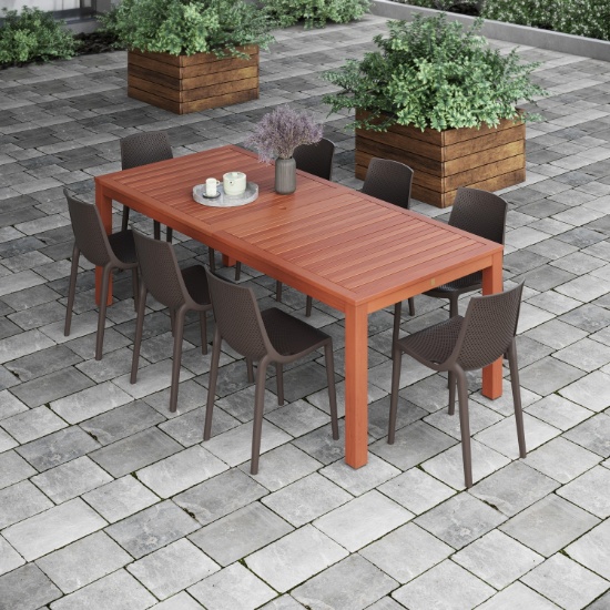 BRAND NEW ORIGINAL PACKAGING 88" SOLID EUCALYPTUS WOODEN TABLE + 8 RECYCLED STACKABLE  BROWN CHAIRS