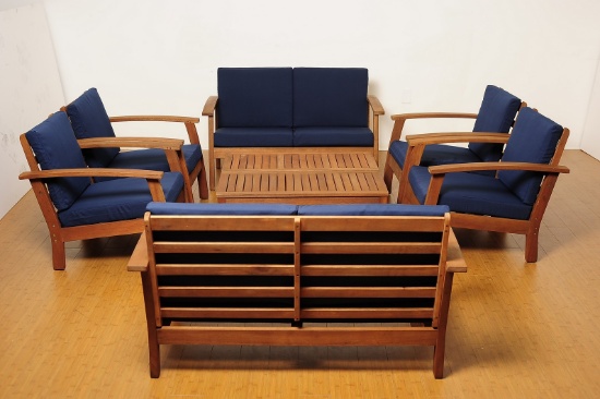 BRAND NEW ORIGINAL PACKAGING OUTDOOR 8-PIECE CONVERSATION SET WITH BLUE CUSHIONS - SOLID WOOD