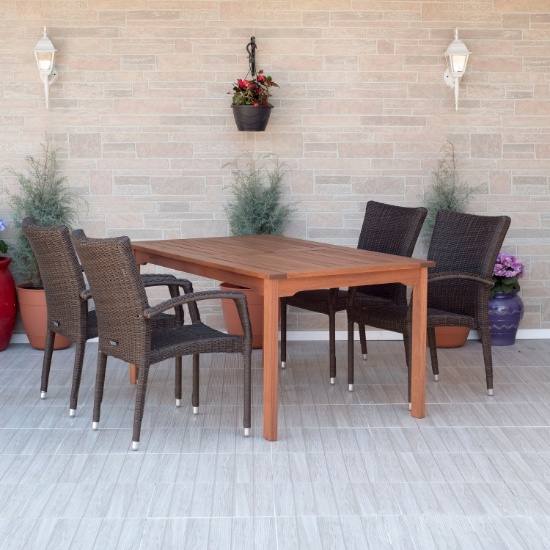 BRAND NEW ORIGINAL PACKAGING OUTDOOR 59" BY 35" TABLE  WITH 4 WICKER/ALUMINUM STACKING CHAIRS