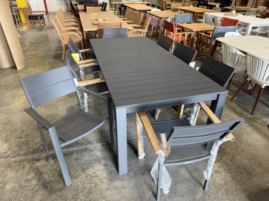 BRAND NEW OPEN BOX 87" BY 40" ALUMINUM TABLE WITH 8 STACKING ALUMINUM CHAIRS