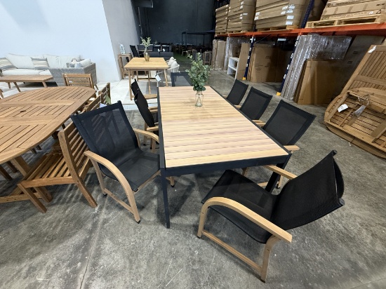 BRAND NEW OPEN BOX OUTDOOR 86" ALUMINUM TABLE WITH 8 BLACK SLING CHAIRS