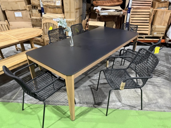 BRAND NEW OPEN BOX OUTDOOR 85" WOOD AND RESIN TABLE WITH 6 STACKING BLACK ROPE CHAIRS
