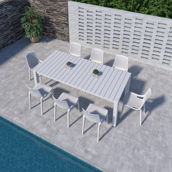 BRAND NEW ORIGINAL PACKAGING OUTDOOR ALUMINMUM TABLE 87" BY 39" WITH 8 RECYCLED RESIN STACKING CHAIR