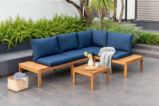 BRAND NEW ORIGINAL PACKAGING OUTDOOR 100% FSC SOLID TEAK WOOD FINISH SEATING SET WITH BLUE CUSHIONS