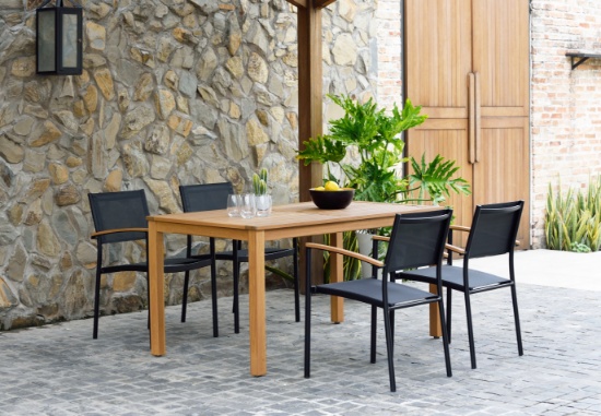 BRAND NEW ORIGINAL PACKAGING OUTDOOR 60" X 34"TABLE 100% WOOD IN TEAK FINISH WITH 4 STACKING BLACK S