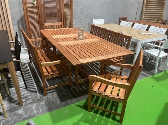 BRAND NEW ORIGINAL PACKAGING OUTDOOR EXTENDABLE TABLE 93" BY 43" WITH 2 BENCHES AND 2 CHAIRS - SOLID