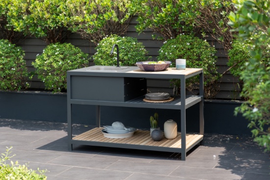 BRAND NEW ORIGINAL PACKAGING OUTDOOR KITCHEN IN ALUMINUM & TEAK. STAINLESS STEEL SINK. HOSE CONNECTI