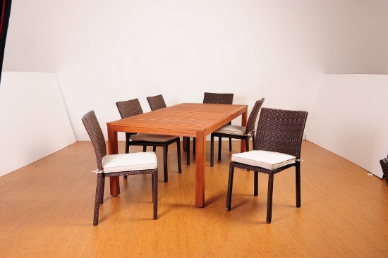 BRAND NEW ORIGINAL PACKAGING 88" SOLID EUCALYPTUS WOODEN TABLE + 6 STACKING WICKER CHAIRS - BROWN