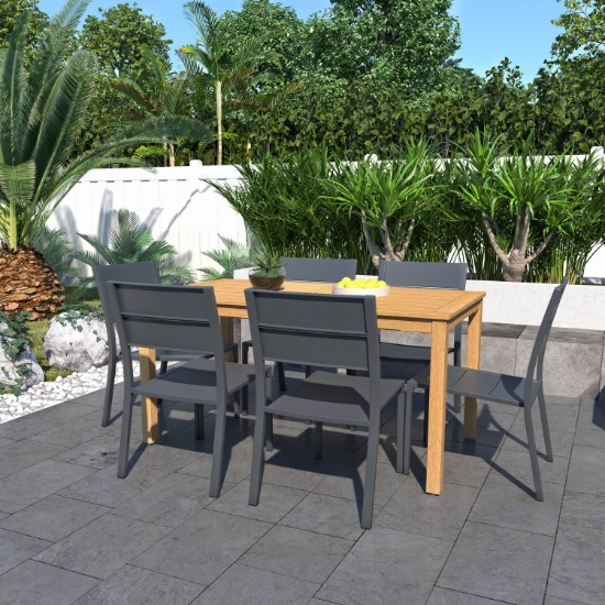 BRAND NEW ORIGINAL PACKAGING OUTDOOR 60" X 34"TABLE 100% WOOD IN TEAK FINISH WITH 6 STACKING ALUMINU