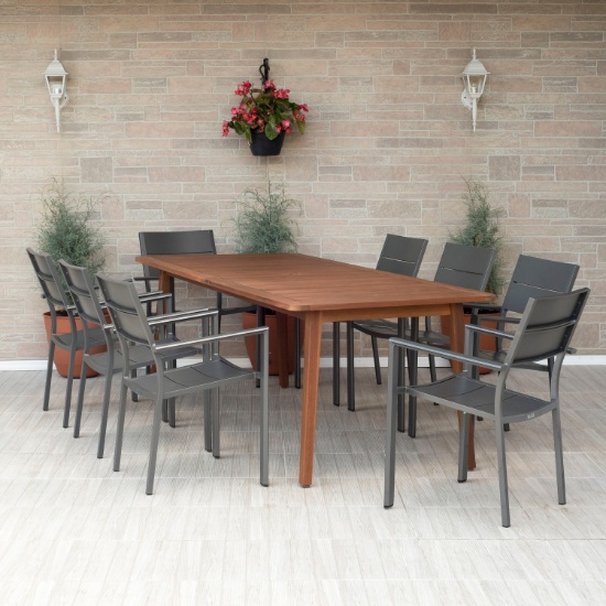 BRAND NEW ORIGINAL PACKAGING OUTDOOR SOLID WOOD  TABLE 85" X 37" WITH 8 STACKING ALUMINUM CHAIRS