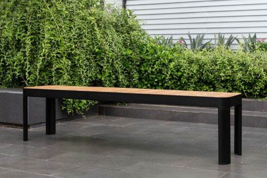 BRAND NEW ORIGINAL PACKAGIN 72" BLACK ALUMINUM AND TEAK OUTDOOR BENCH