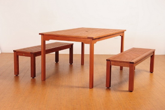 BRAND NEW ORIGINAL PACKAGING OUTDOOR 59" BY 35" TABLE  WITH 2 BENCHES - SOLID WOOD