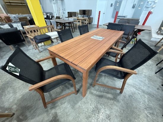 BRAND NEW OPEN BOX 83" OUTDOOR SOLID WOOD DINING TABLE WITH 6 BLACK SLING CHAIRS