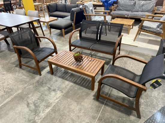 BRAND NEW ORIGINAL PACKAGING 4-PIECE OUTDOOR SOLID WOOD AND BLACK SLING CONVERSATION SET