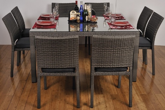 BRAND NEW OPEN BOX OUTDOOR GLASS TOP 60" TABLE WITH 8 STACKING CHAIRS - GREY