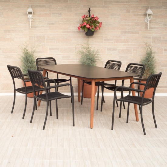BRAND NEW OUTDOOR ORIGINAL PACKAGING SOLID WOOD  TABLE 76" X 42" WITH 6 ALUMINUM STACKING CHAIRS