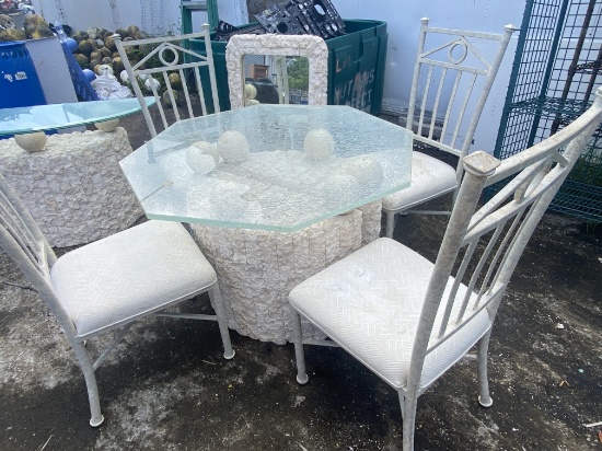 Glass Top with Stone Base Table with (4) Armless Metal Chairs