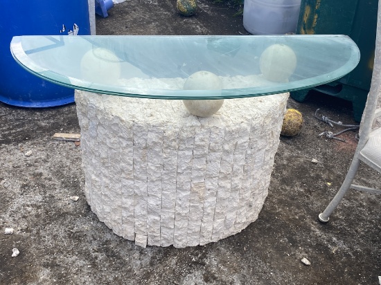 Half Moon Glass Top Stone Base Foyer Table (matches previous lot)