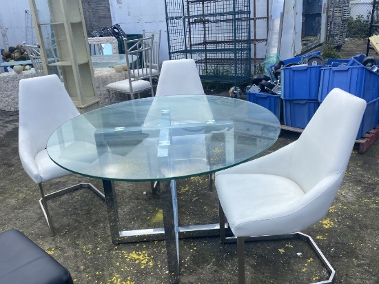 Glass Top Chrome Table with (3) Matching Leather Chairs