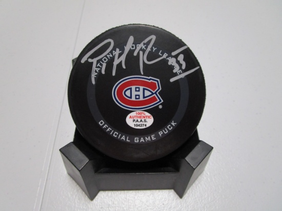 Patrick Roy of the Montreal Canadiens signed autographed logo hockey puck PAAS COA 274