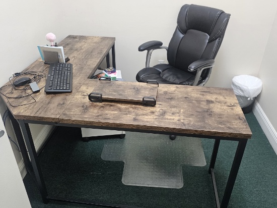 59" x 59" V-shaped Wood Top Metal Desk with Executive Rolling Leather Chair and Chair Mat